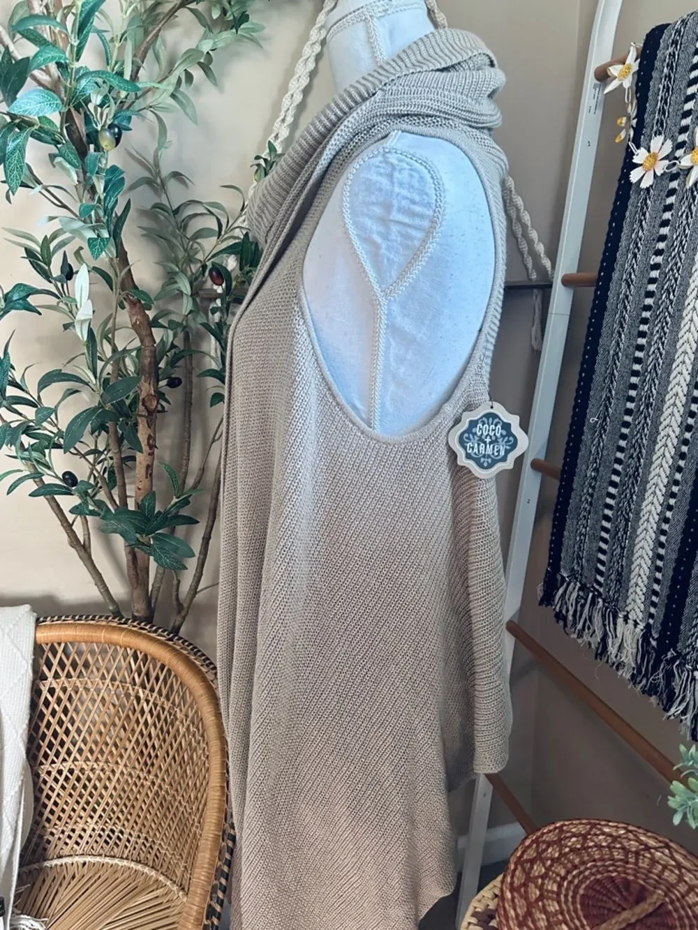 NWT Coco + Carmen Taupe Cowl Neck Sleeveless Sweater Vest Boho Drape Knit S/M